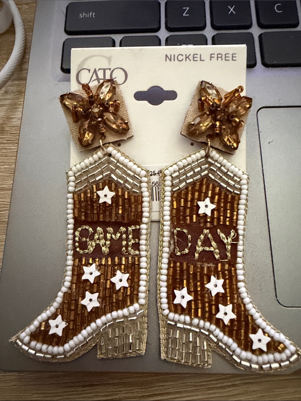 Cato Gold and White Beaded Game Day Cowboy Boot Earrings
